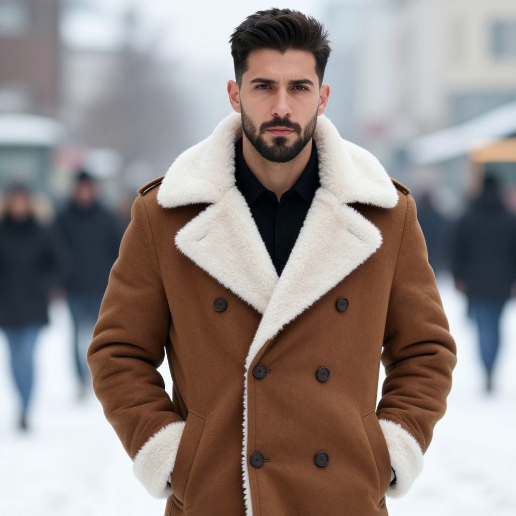 Fashionable Man in Brown Shearling Coat on Winter Urban Street
