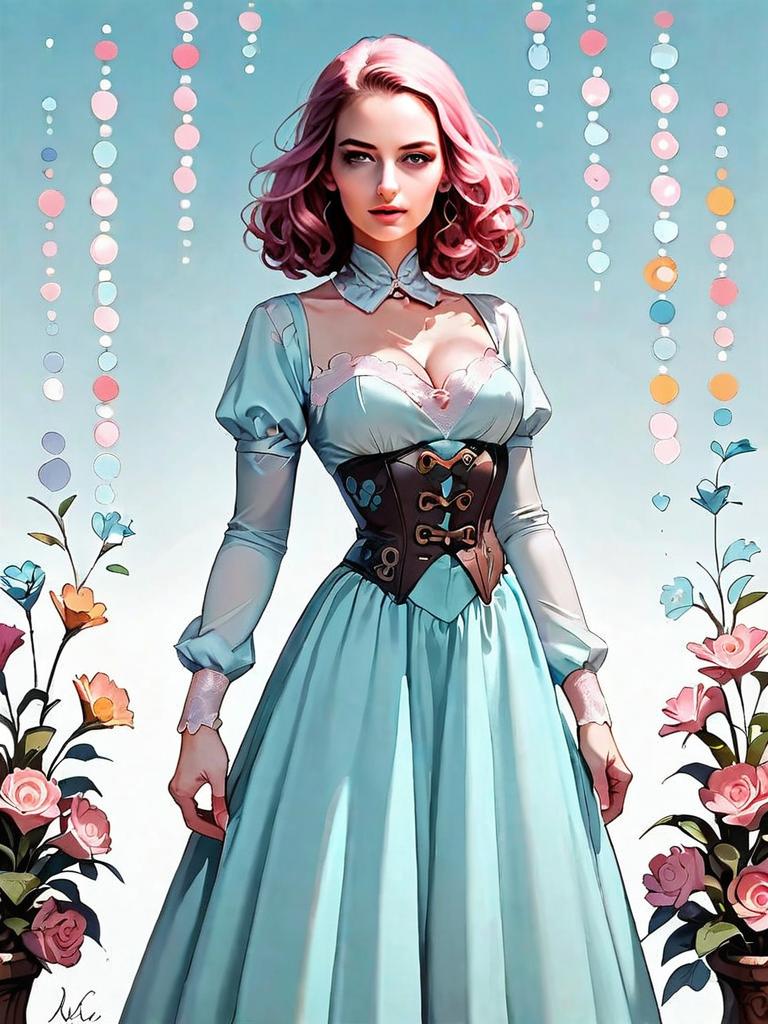 Woman in Corset Inspired Long Sleeve Dress with Fitted Bodice Artwork