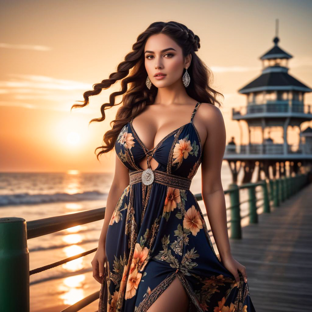 Woman in Floral Dress at Sunset on Pier