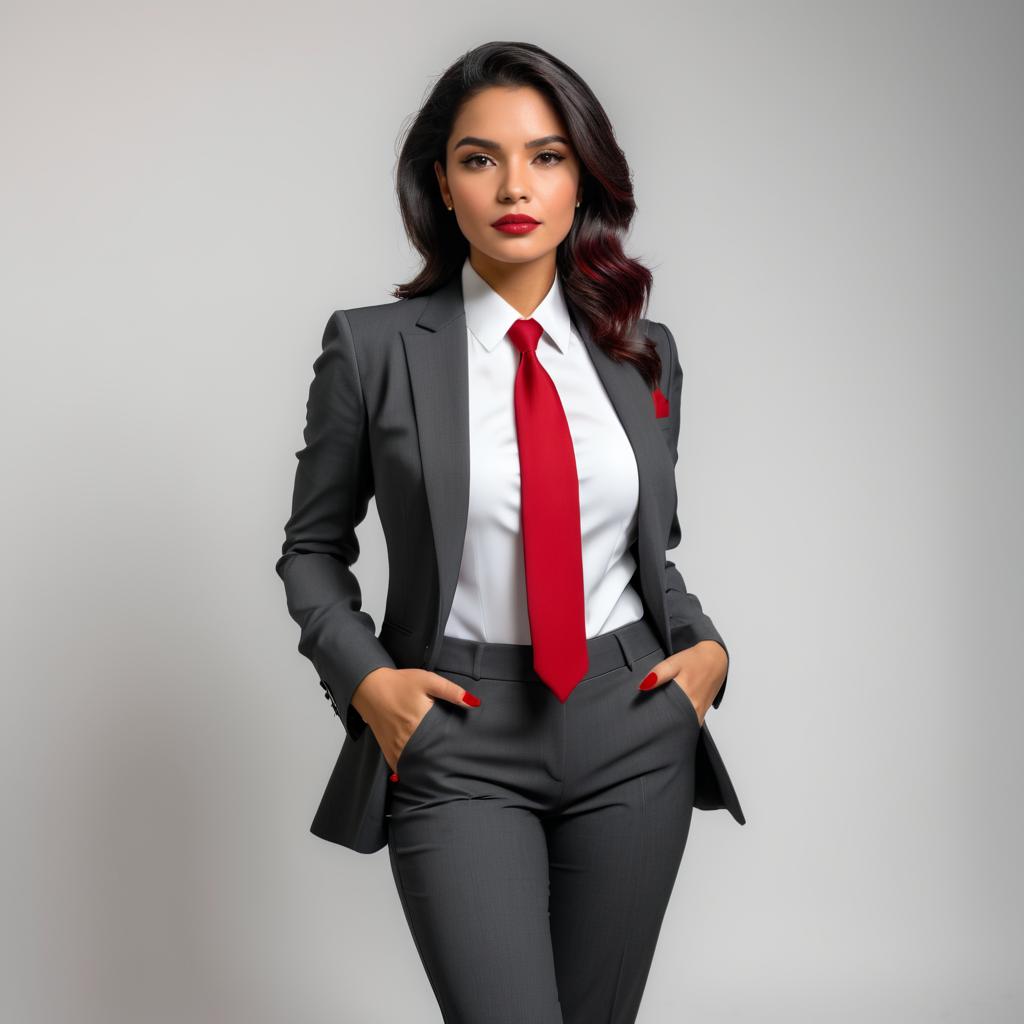 Confident Woman in Gray Suit with Red Tie