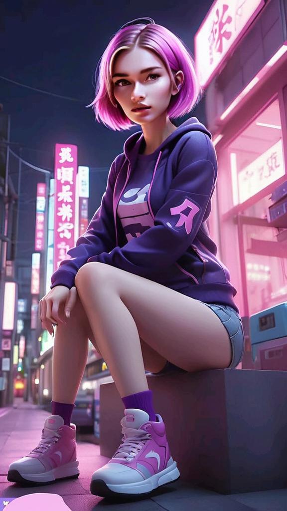 Young Woman with Pink Hair in Cyberpunk Urban Scene