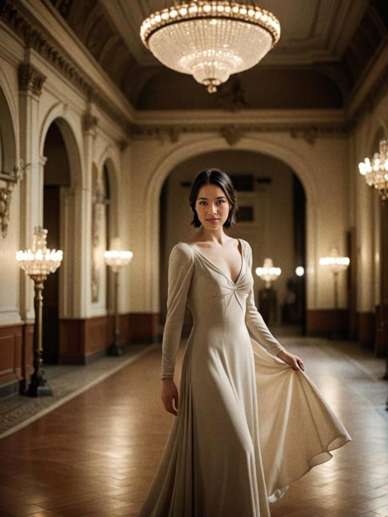 Elegant Woman in Vintage Grand Hallway