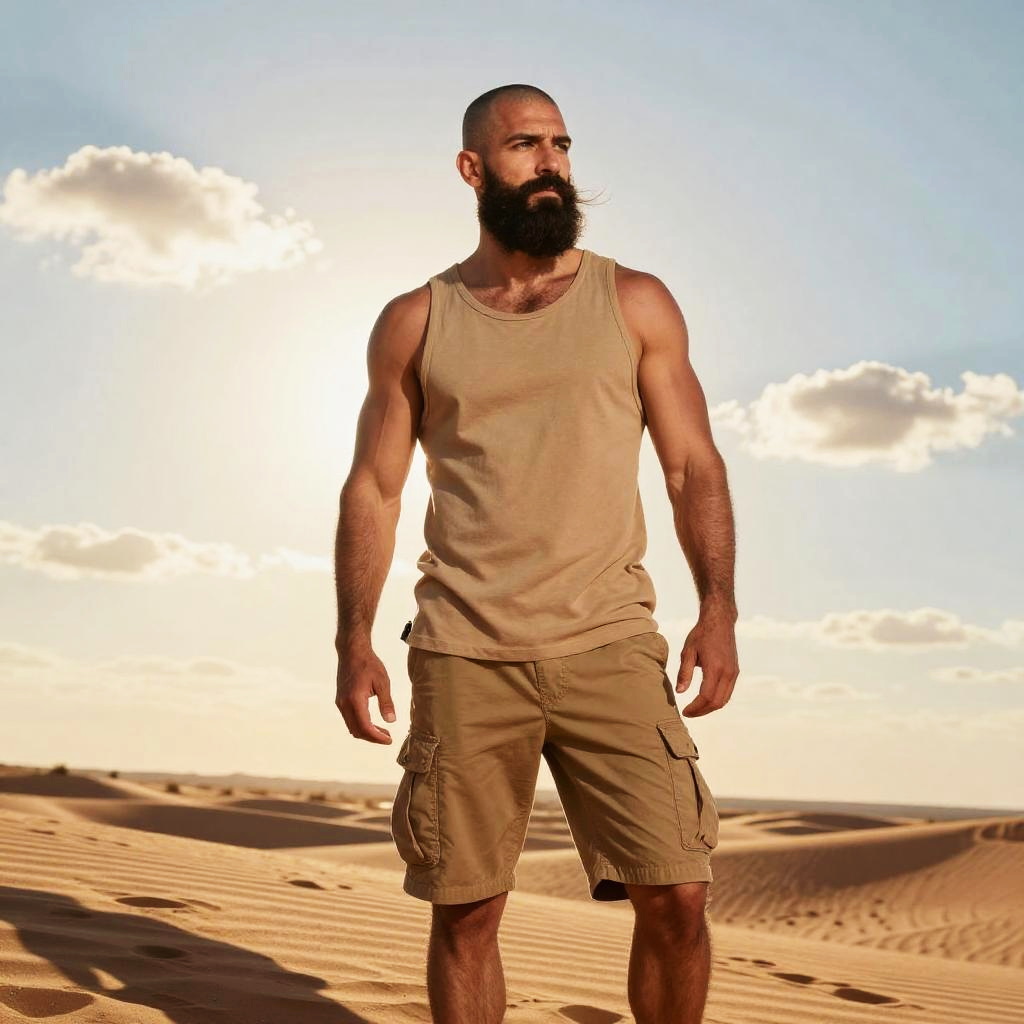 Bearded Man in Desert Wearing Beige Tank Top and Cargo Shorts
