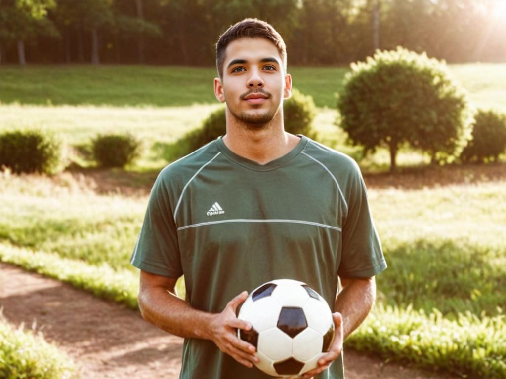 Man in Green Jersey Holding Soccer Ball in Countryside