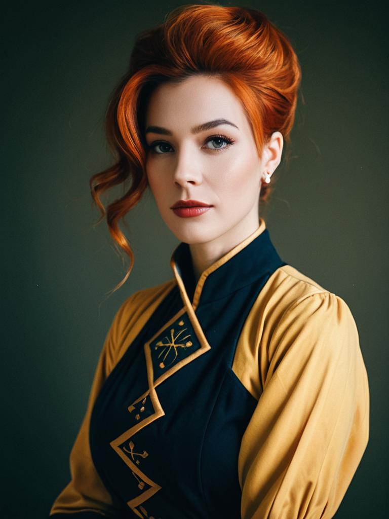 Realistic Roux Louka Cosplay Woman with Red Hair in Elegant Costume