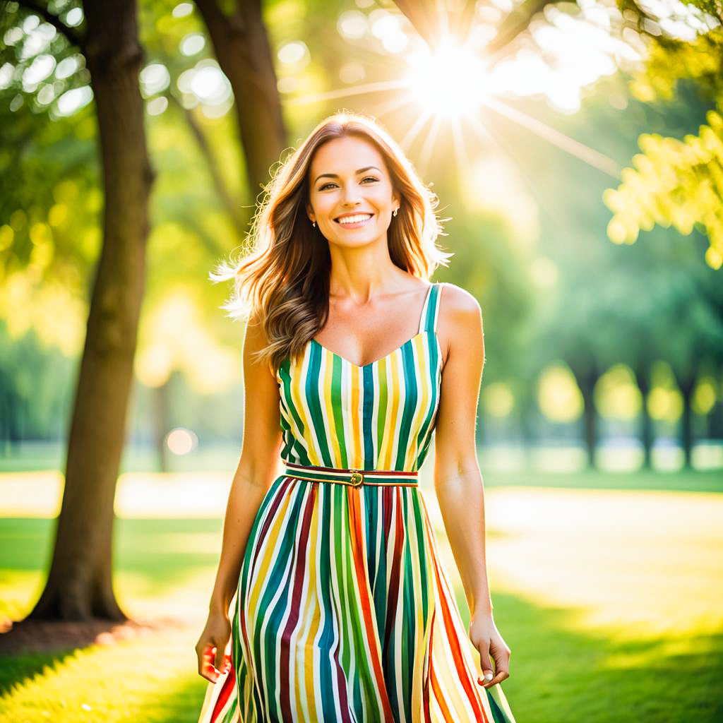 Radiant Woman in Colorful Summer Dress in Sunlit Park Radiant Woman in Colorful Summer Dress in Sunlit Park