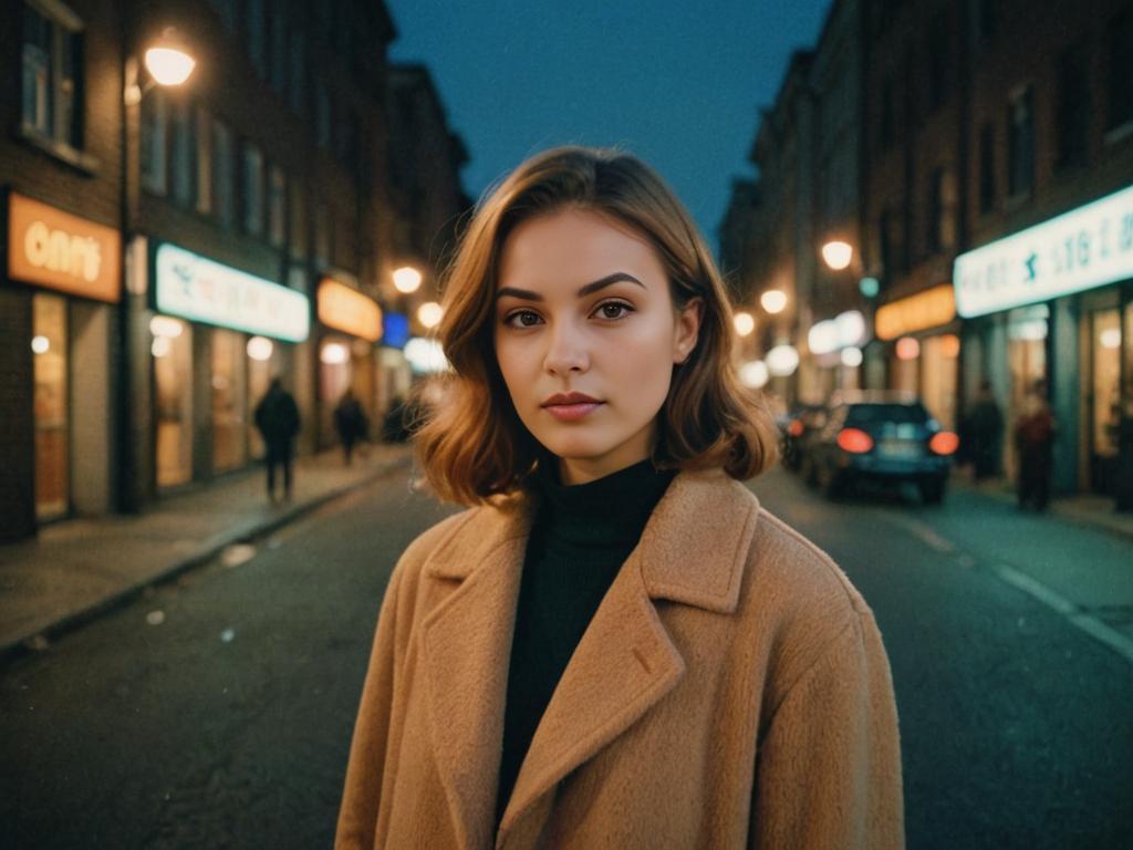 Stylish young woman on city street at dusk