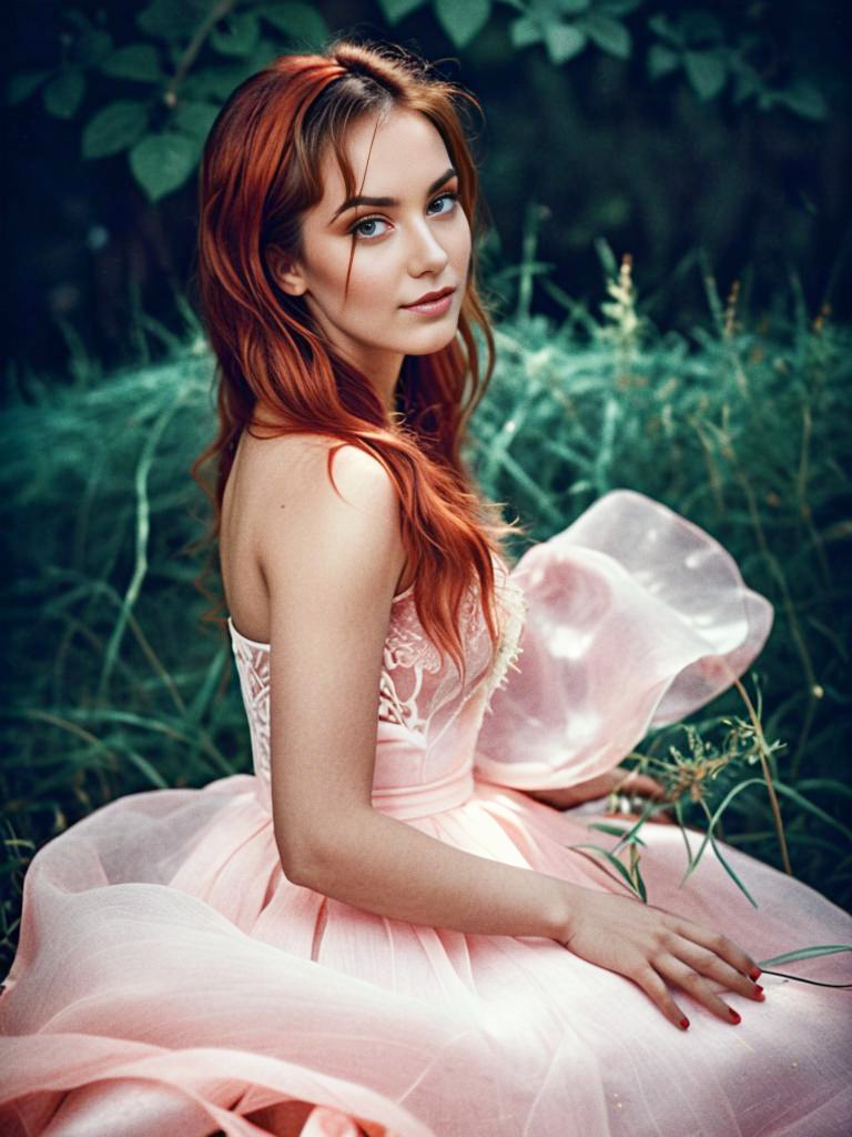 Woman in Pink Gown Surrounded by Nature