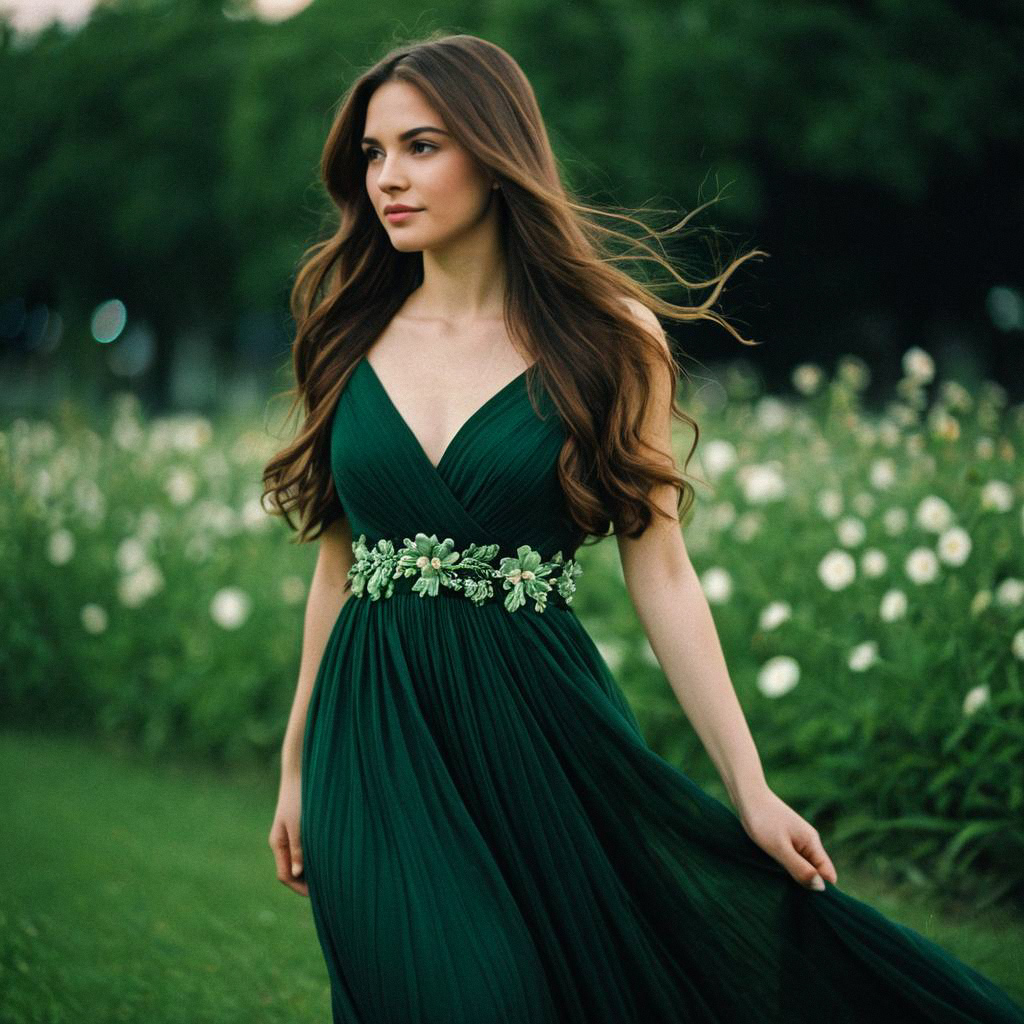 Young Woman in Green Evening Dress in Lush Garden