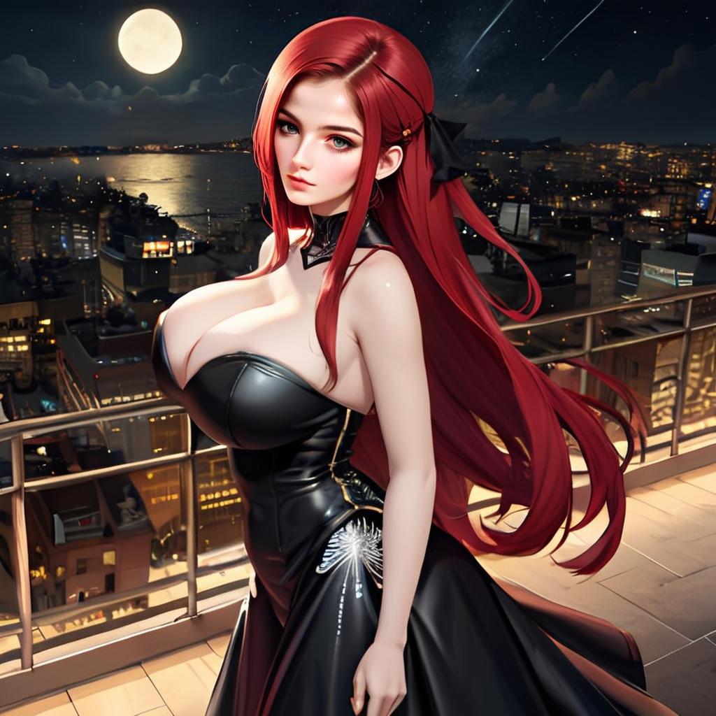 Red-Haired Woman in Black Gown on Night City Balcony