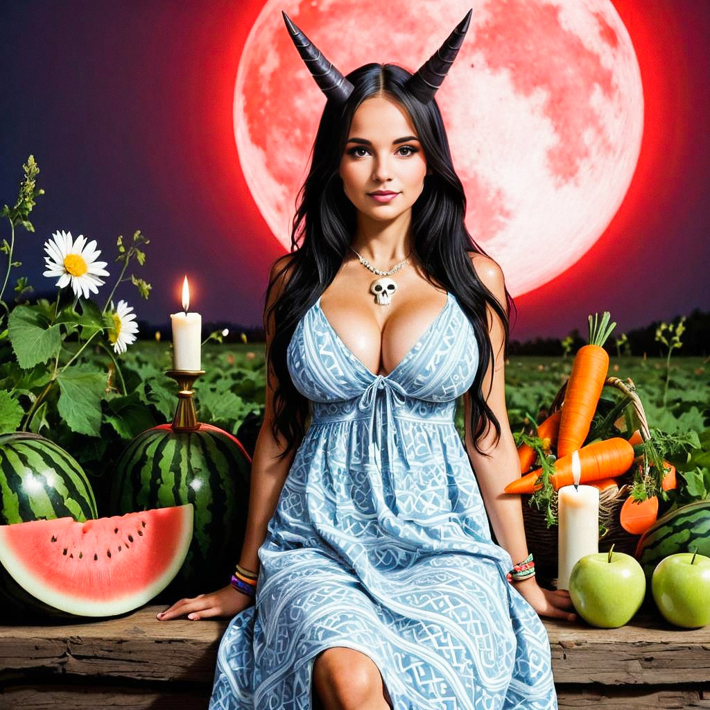 Woman with Horns and Fruit Under Red Moon