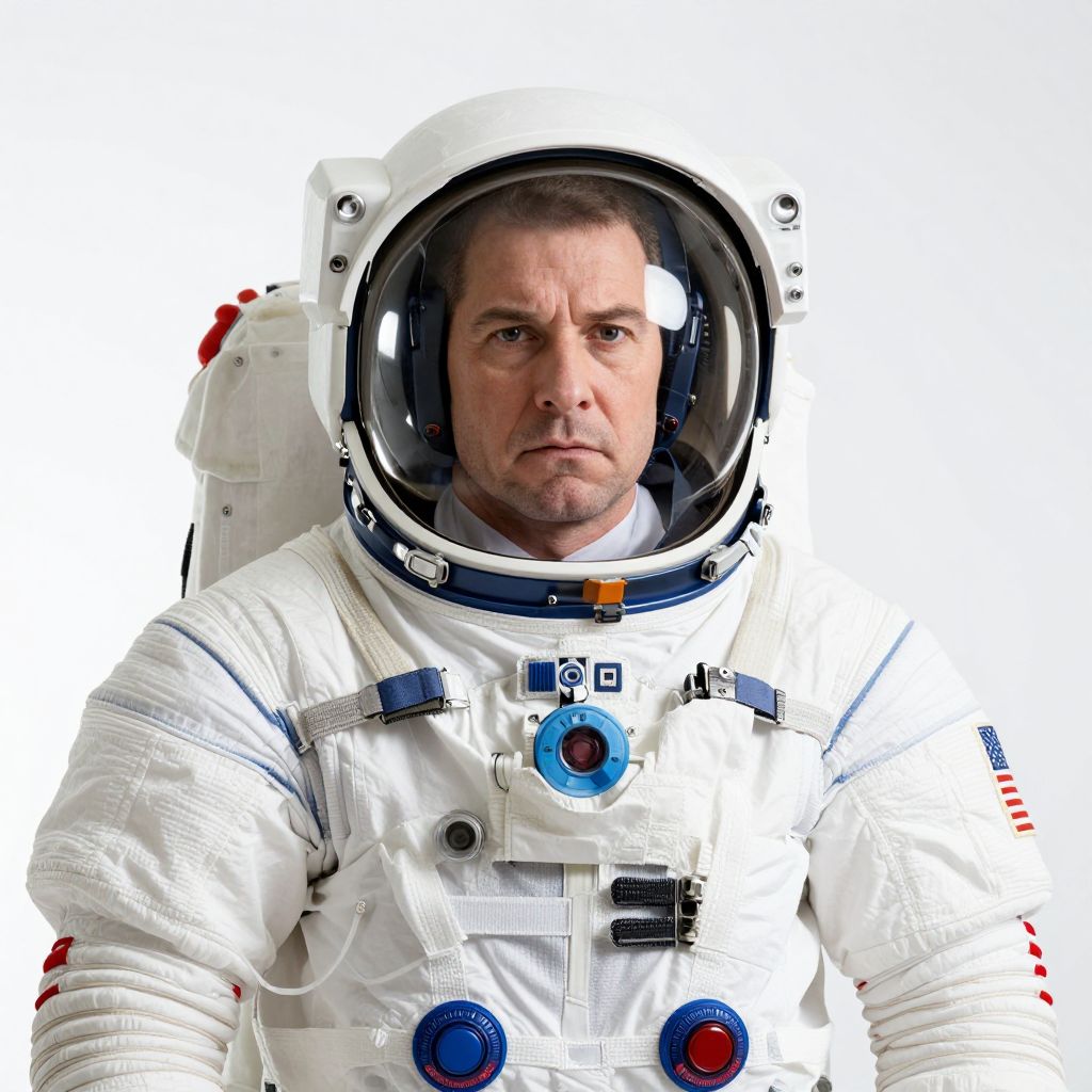 Serious Male Astronaut in White Spacesuit with American Flag