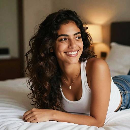 Smiling Young Woman with Curly Hair in Casual White Tank Top Relaxing on Bed