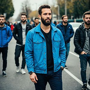 Confident Man in Blue Jacket on City Street