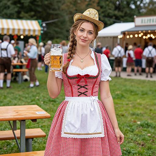 Young Woman in Bavarian Dirndl Holding Beer at Oktoberfest Festival