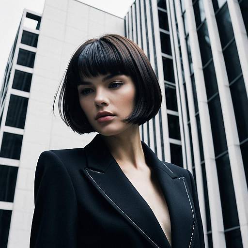 Stylish Woman in Black Blazer with Bob Haircut in Urban Setting