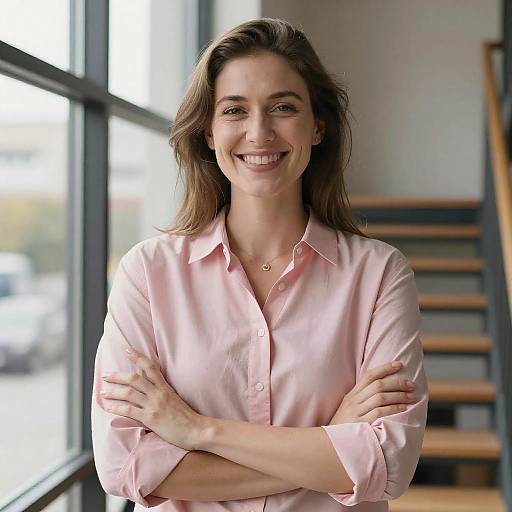Confident Young Woman Smiling Indoors Near Window in Pink Shirt