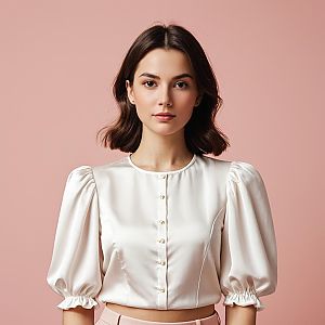 Elegant Young Woman in White Satin Blouse with Puffed Sleeves Portrait