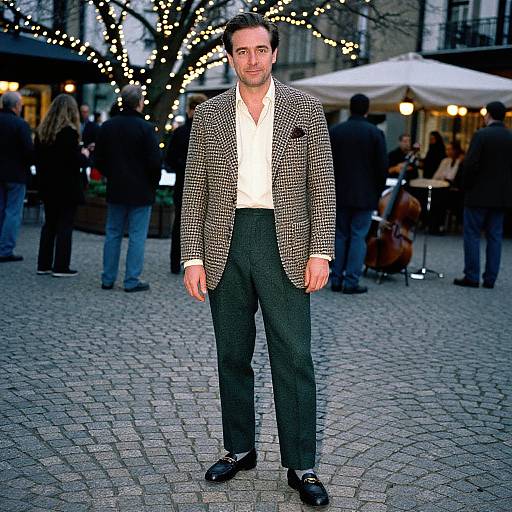 Man in Houndstooth Blazer and Green Trousers in Outdoor Evening Setting