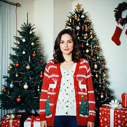 Woman in Red Christmas Cardigan Standing by Decorated Christmas Trees with Presents