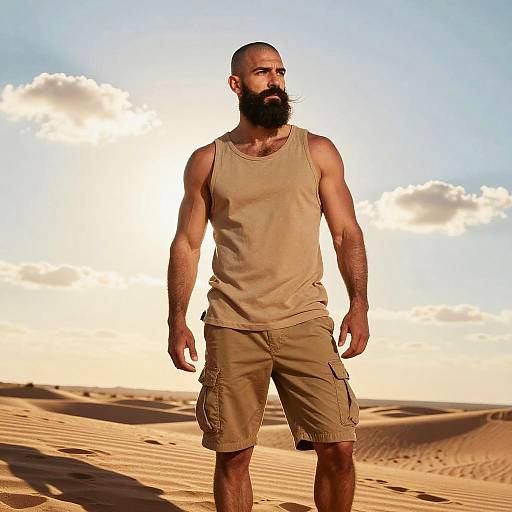 Bearded Man in Desert Wearing Beige Tank Top and Cargo Shorts