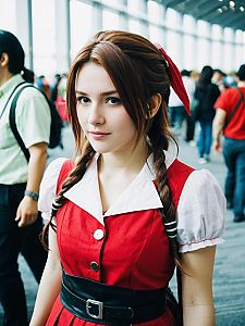 Woman in Aerith Cosplay Costume Candid Portrait at Cosplay Convention