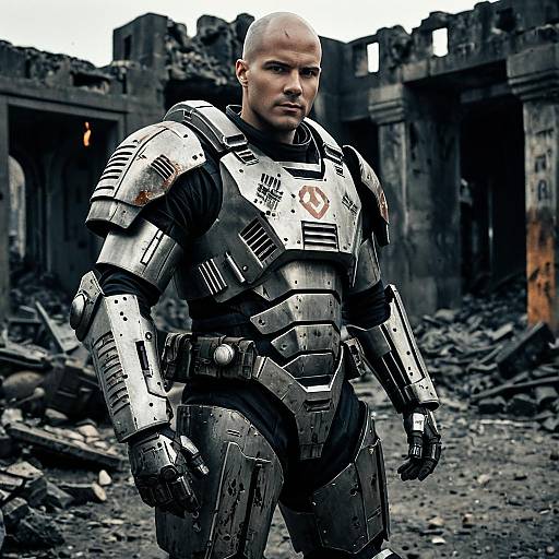 Man in Futuristic Battle Armor in Post-Apocalyptic Ruins