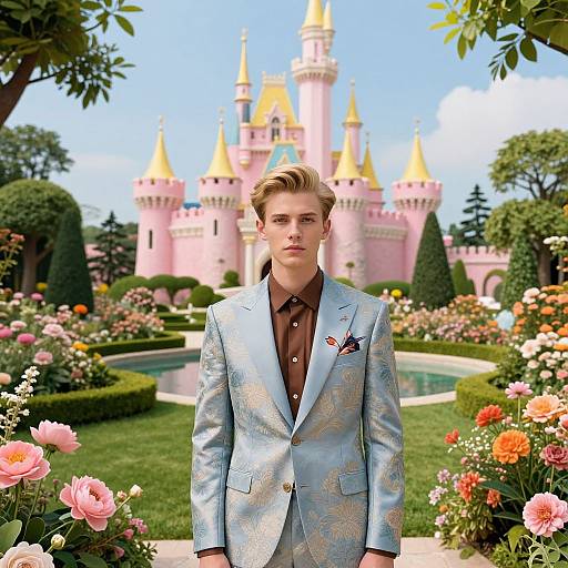 Man in Elegant Floral Suit in Front of Pink Castle Garden
