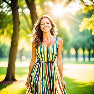 Radiant Woman in Colorful Summer Dress in Sunlit Park