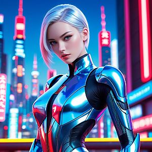 Futuristic Woman in Metallic Blue Armor in Neon City