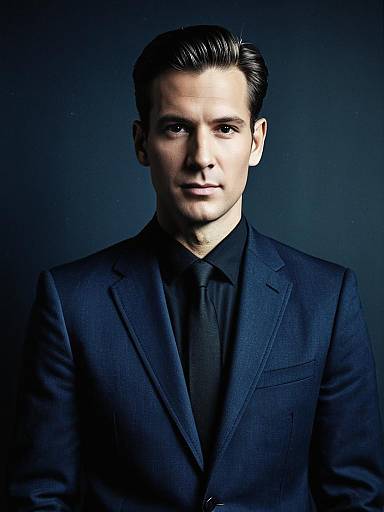 Man in Navy Blue Suit with Black Shirt Waist Up Editorial Portrait