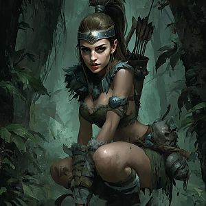 Fantasy Warrior Woman in Mystical Forest Armor and Feathers