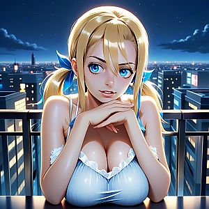 Anime Blonde Woman with Blue Eyes on City Balcony at Night