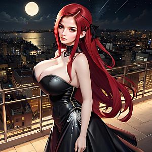 Red-Haired Woman in Black Gown on Night City Balcony