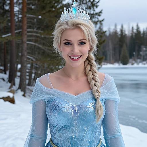 Snow Queen Woman in Blue Gown with Crown in Winter Forest