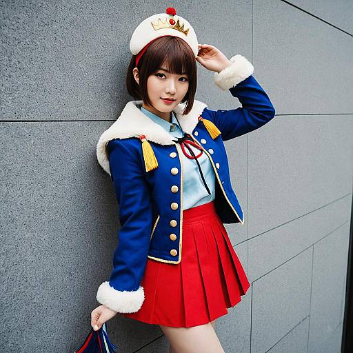 Aijou Karen Cosplay in Blue Military Jacket and Red Skirt