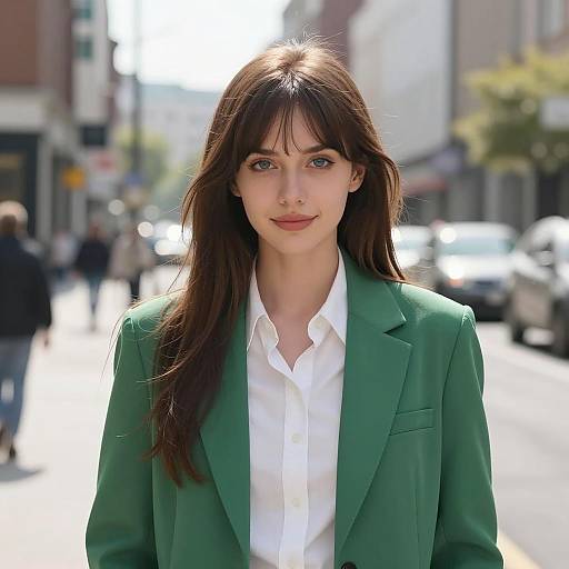 Young Woman in Green Blazer on City Street Portrait