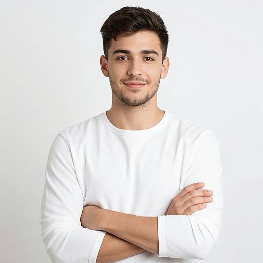 Confident Young Man in White Shirt with Arms Crossed on Grey Background