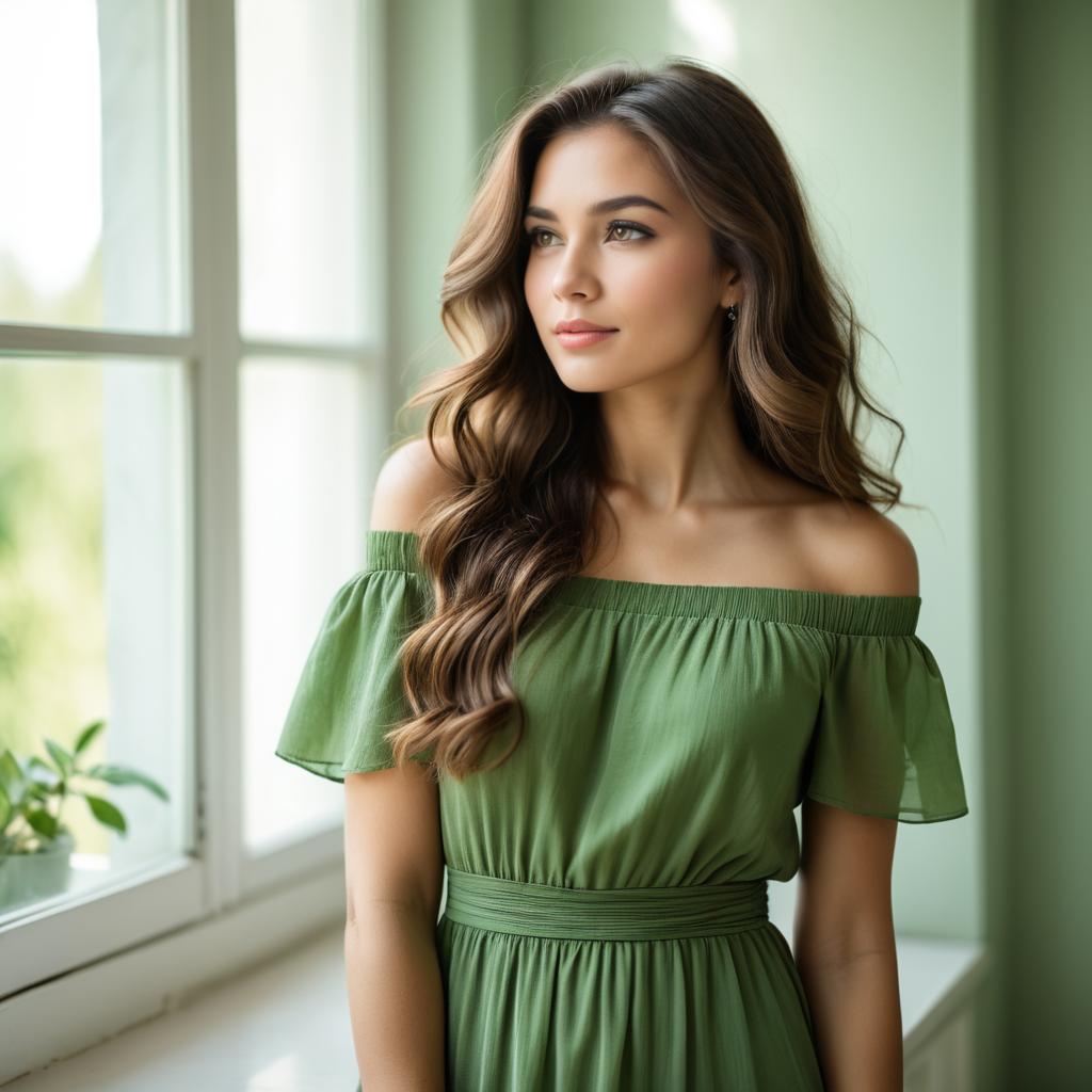 Young Woman in Green Dress by Window Young Woman in Green Dress by Window