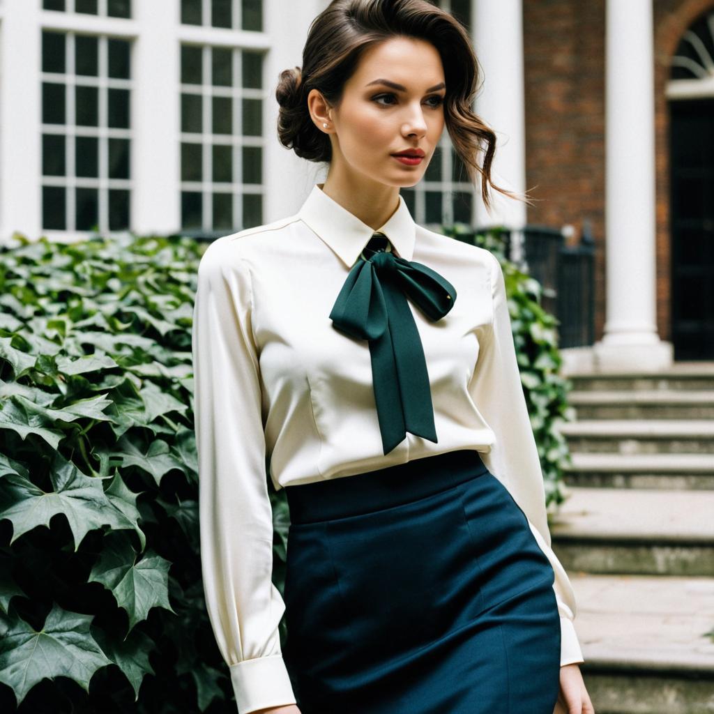 Elegant Woman in Cream Blouse with Bow Tie and Dark Skirt Outdoors