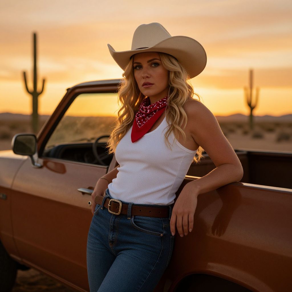 Western Style Woman Leaning on Vintage Pickup Truck at Desert Sunset