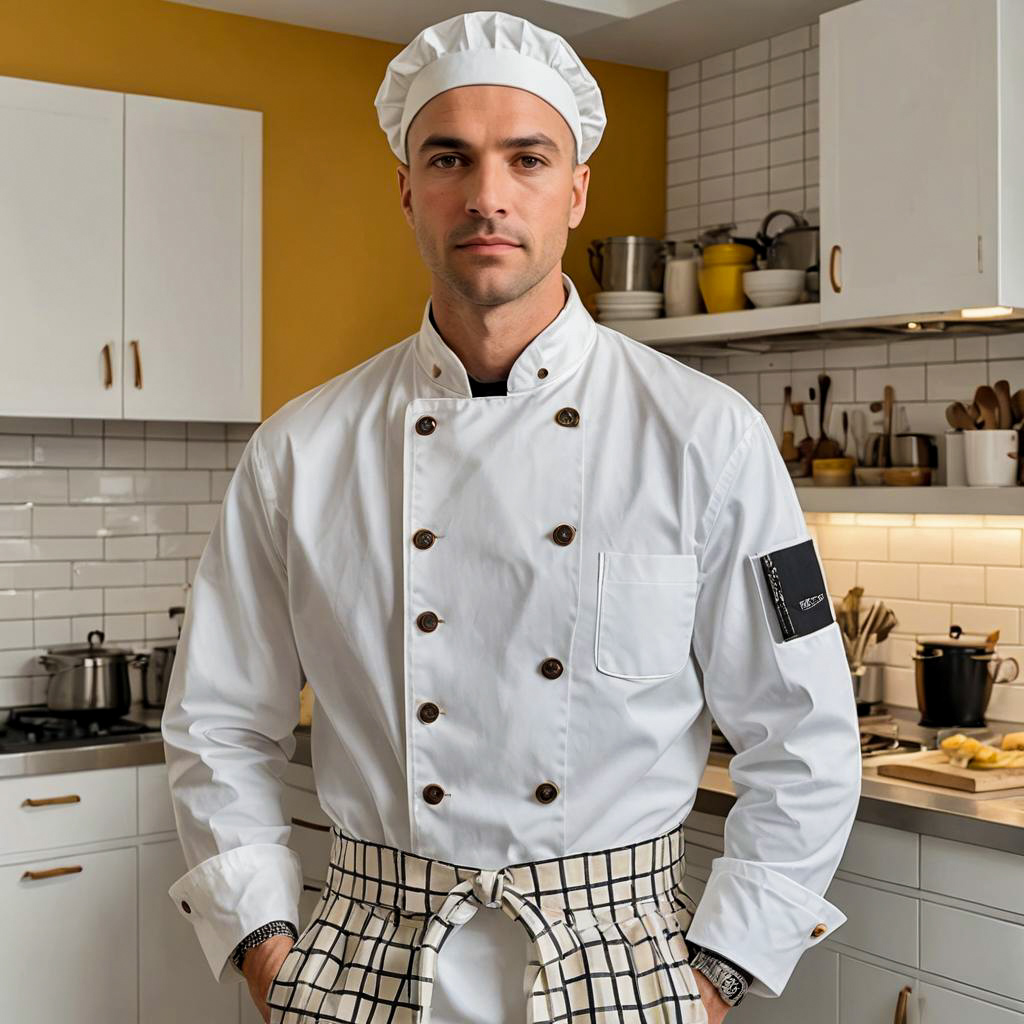 Professional Male Chef in White Uniform with Checkered Apron in Modern Kitchen