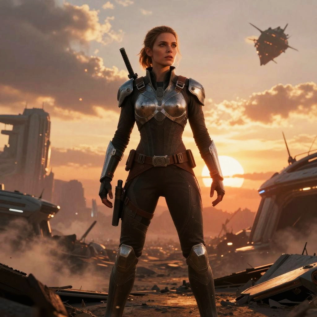 Futuristic Female Warrior in Post-Apocalyptic Battlefield with Sci-Fi Armor