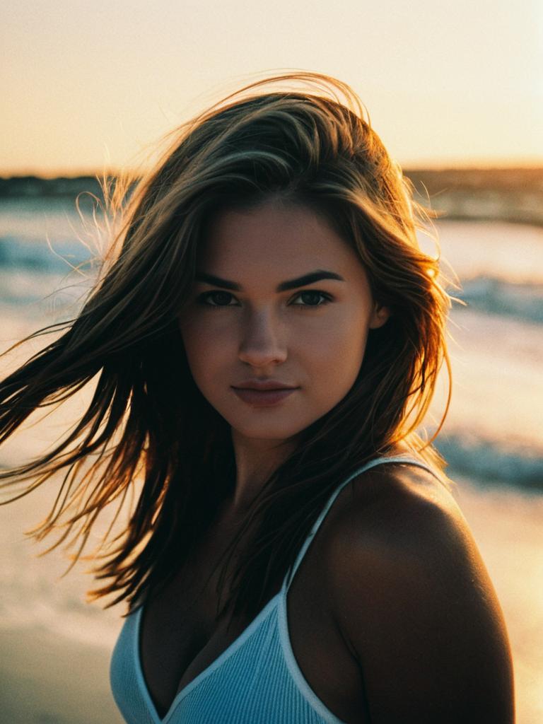 Portrait of Young Woman at Sunset on Beach Realistic Photo