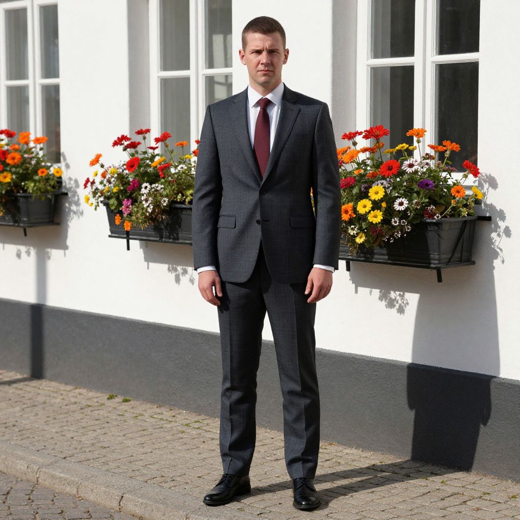 Man in Charcoal Gray Suit Standing on Cobblestone Street with Floral Window Boxes