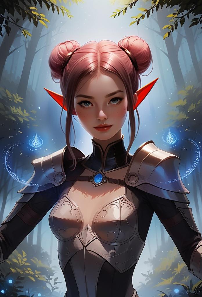 Fantasy Elf Woman Warrior in Mystical Forest Digital Illustration