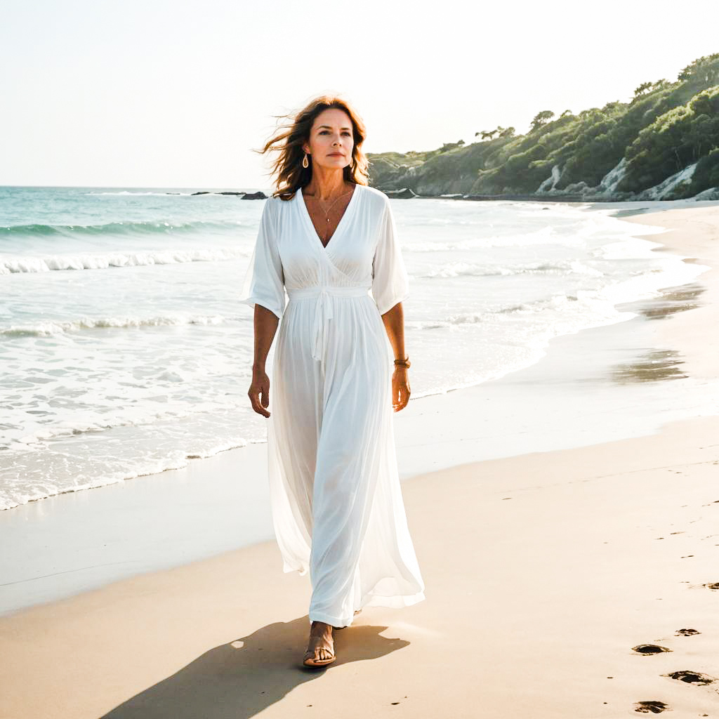 Woman in White Dress Walking on Serene Beach