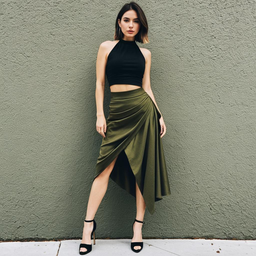Woman in Sexy Black Halter Crop Top with Olive Green Asymmetric Skirt