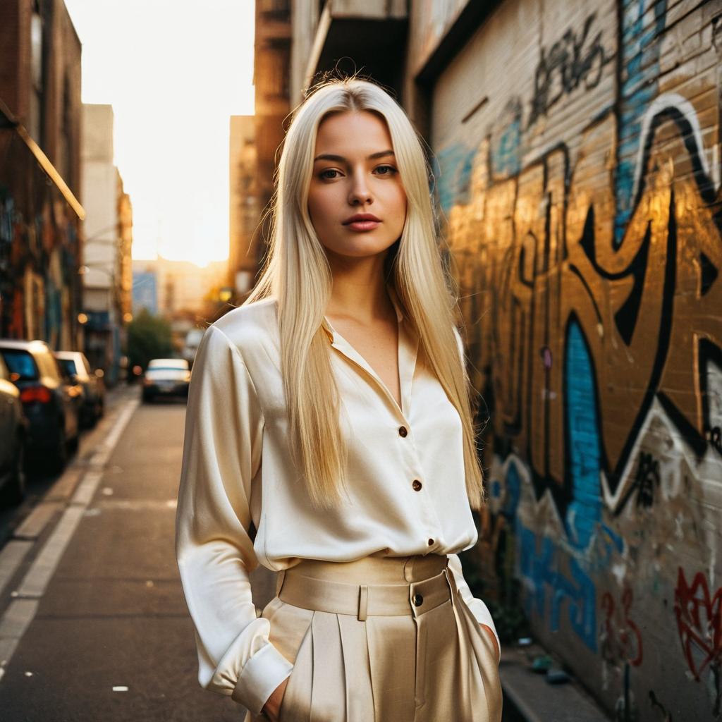 Blonde Woman in Silk Outfit Standing in Urban Alley with Graffiti