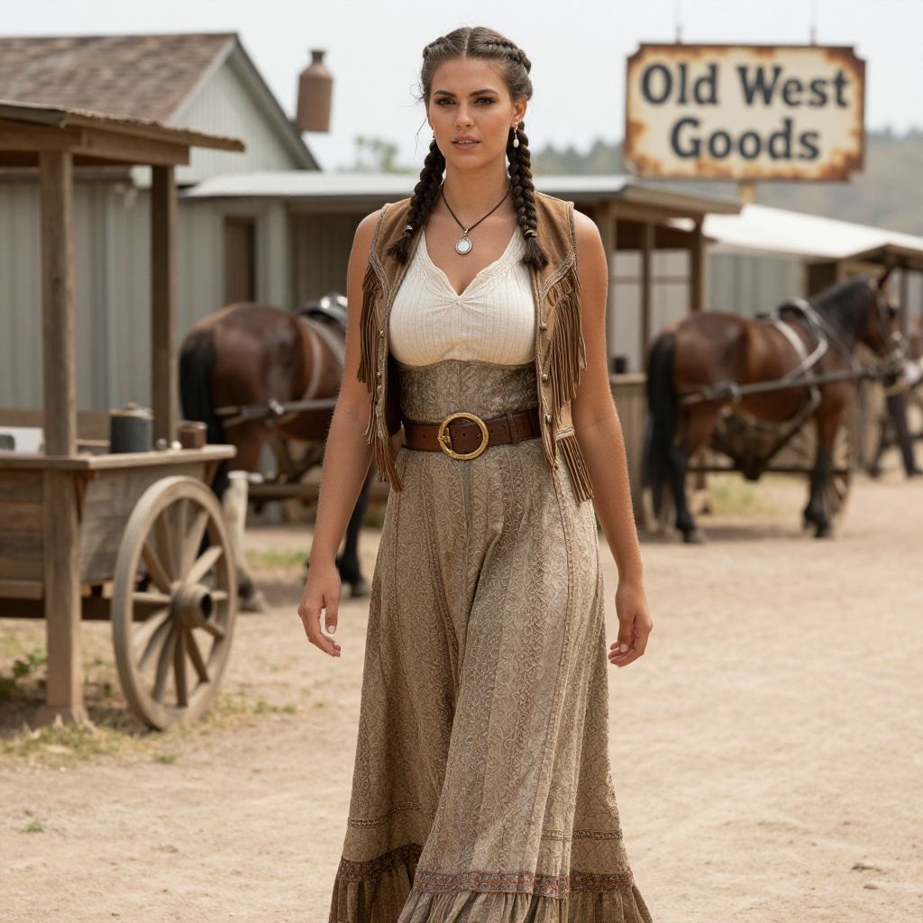 Woman in Vintage Western Dress on Old West Street with Horse Carriages